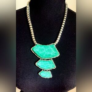 VTG Aqua Blue & Silver Tone Costume Jewelry Necklace, 18” Adjustable Chain